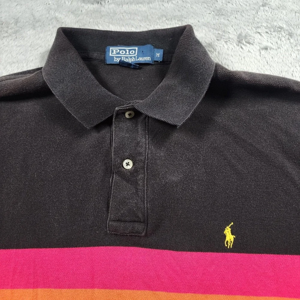 Polo Ralph Lauren Polo Shirt Mens Medium Black Rainbow Stripe Cotton Preppy
